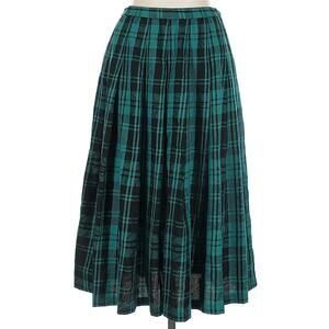 Vintage Pendleton 100% Wool Green and Black Plaid Pleated Midi Skirt Size 12